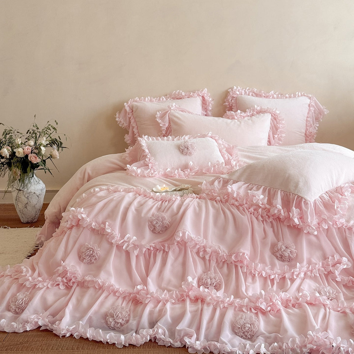 Vintage-Style Ruffled Bedding Set with 3D Flower Appliqués and Gathered Bed Skirt
