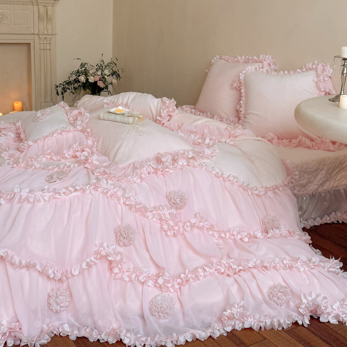 Vintage-Style Ruffled Bedding Set with 3D Flower Appliqués and Gathered Bed Skirt