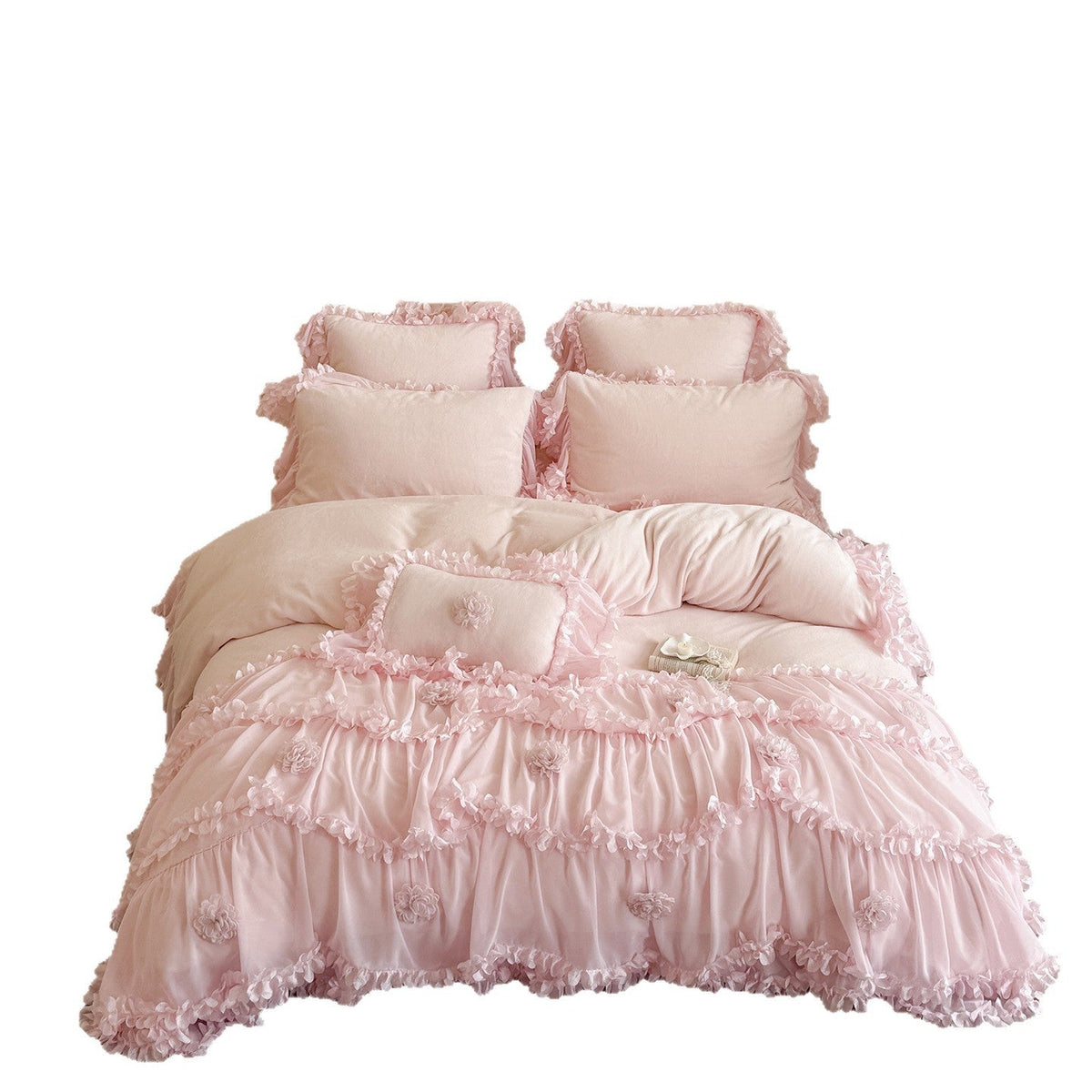 Vintage-Style Ruffled Bedding Set with 3D Flower Appliqués and Gathered Bed Skirt