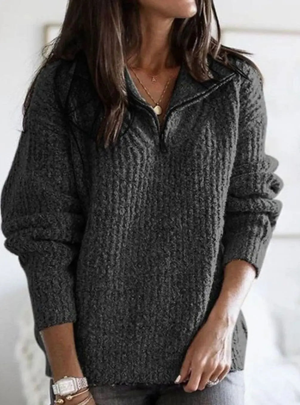 Women's Cable-Knit Ribbed Quarter-Zip Sweater
