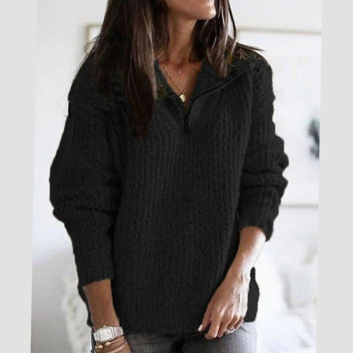 Women's Cable-Knit Ribbed Quarter-Zip Sweater