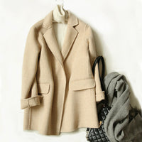 Women's Checked Wool Coat with Notch Lapel and Button Front