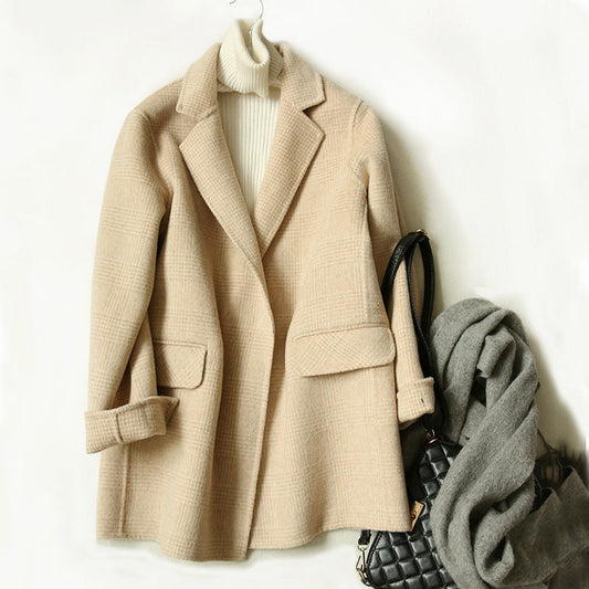 Women's Checked Wool Coat with Notch Lapel and Button Front