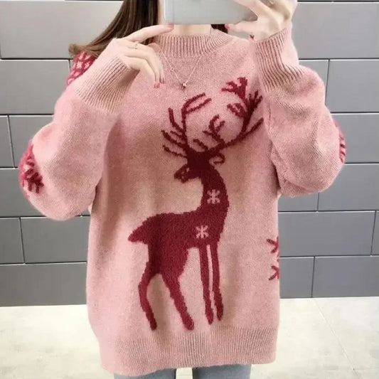 Women's Christmas Sweater – Loose Pullover with Festive Holiday Print, Cozy & Stylish