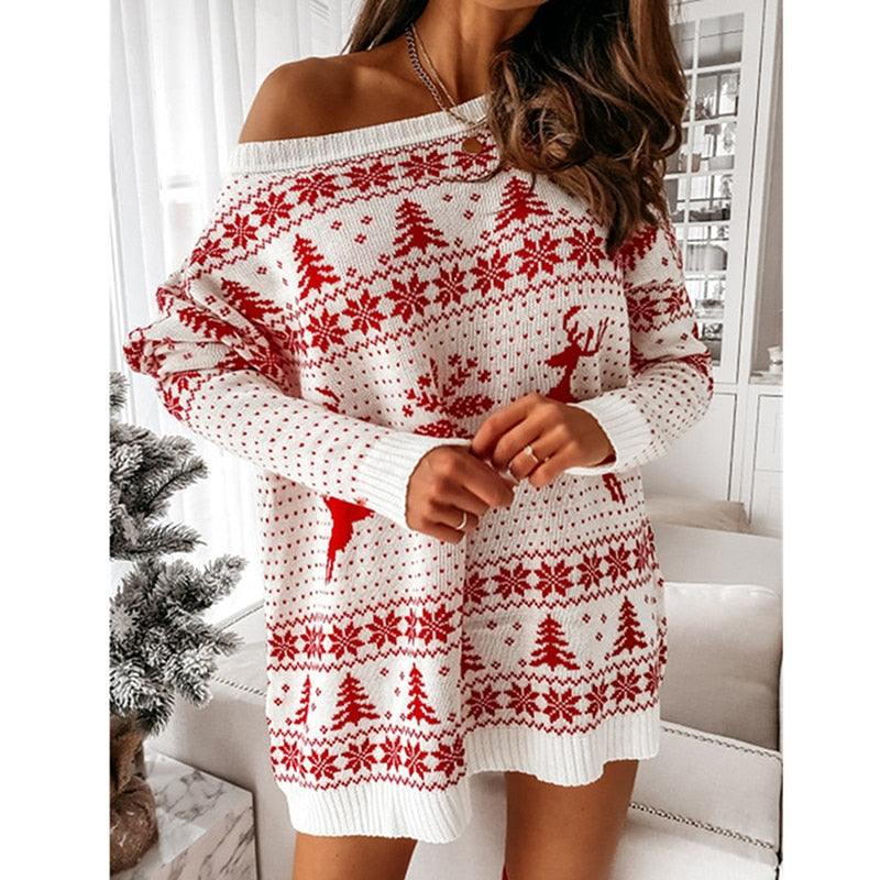 Women's Christmas Sweater – Oversized Off-the-Shoulder Sweater in Red & White, Cozy Holiday Sweater