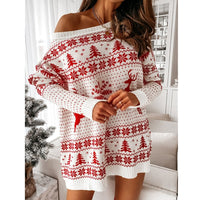Women's Christmas Sweater – Oversized Off-the-Shoulder Sweater in Red & White, Cozy Holiday Sweater