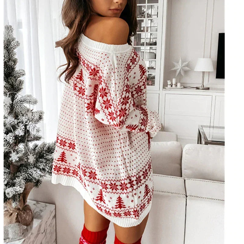 Women's Christmas Sweater – Oversized Off-the-Shoulder Sweater in Red & White, Cozy Holiday Sweater