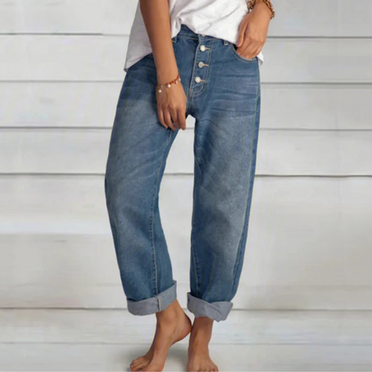 Women's Classic Blue Denim Pants with Unique Design and Comfortable Fit
