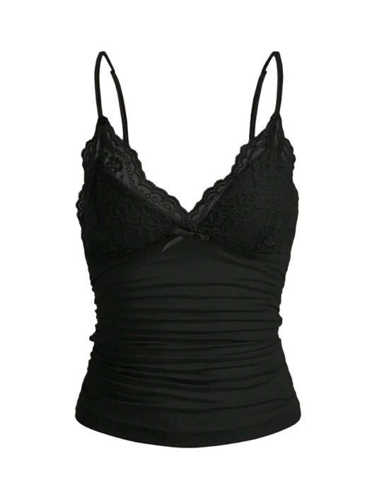 Women's Contrast Lace Bow Front Cropped Cami Top