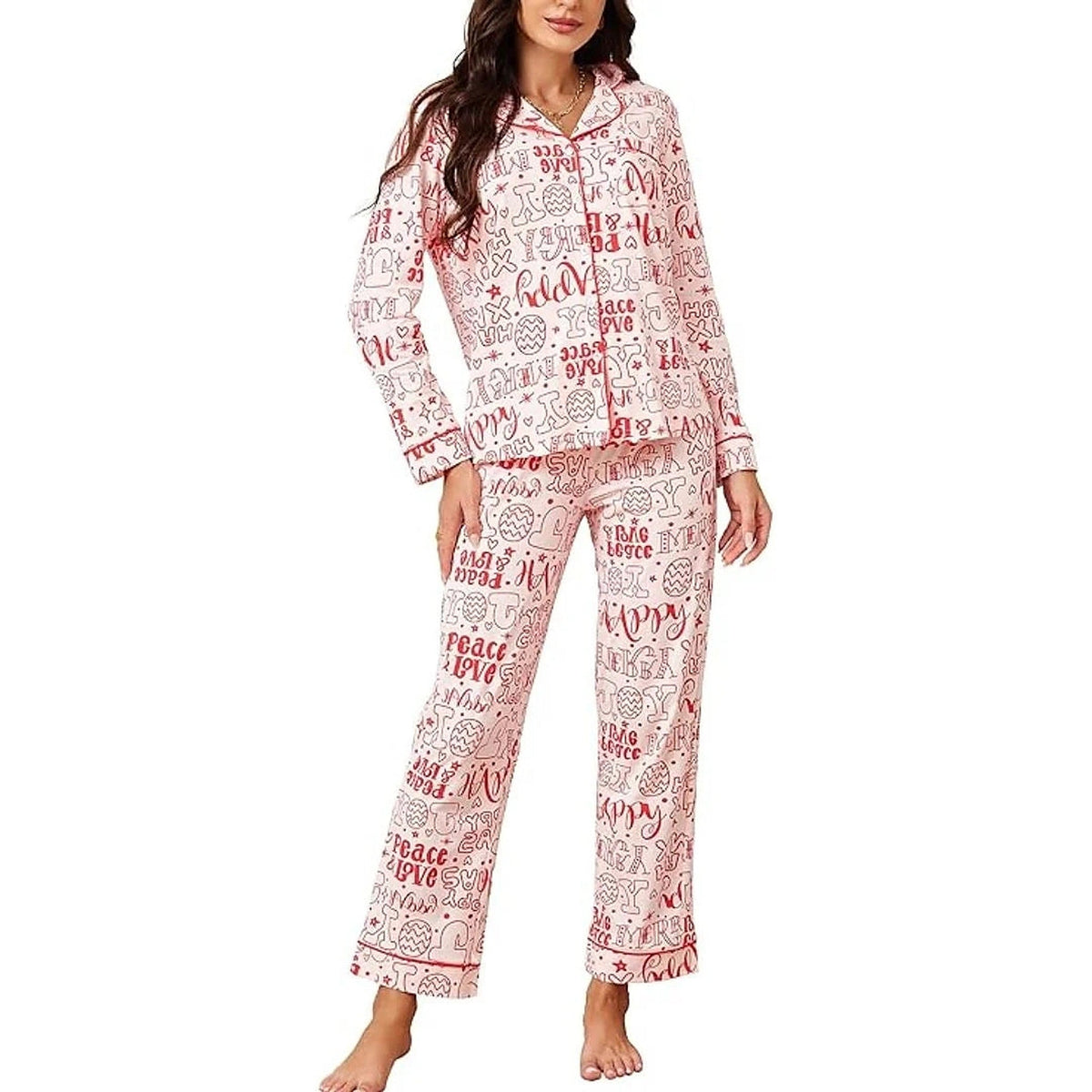 Women's Cotton Christmas Pajama Set with Long Sleeves and Button Closure