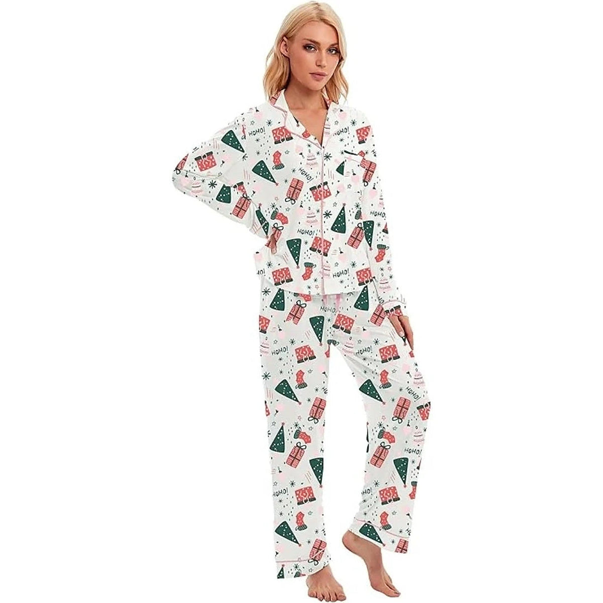 Women's Cotton Christmas Pajama Set with Long Sleeves and Button Closure