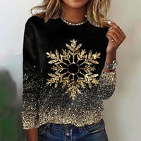 Women's Crew Neck Black Snowflake Glitter Print Long-Sleeve T-Shirt Top