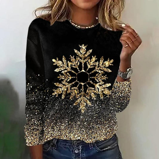Women's Crew Neck Black Snowflake Glitter Print Long-Sleeve T-Shirt Top
