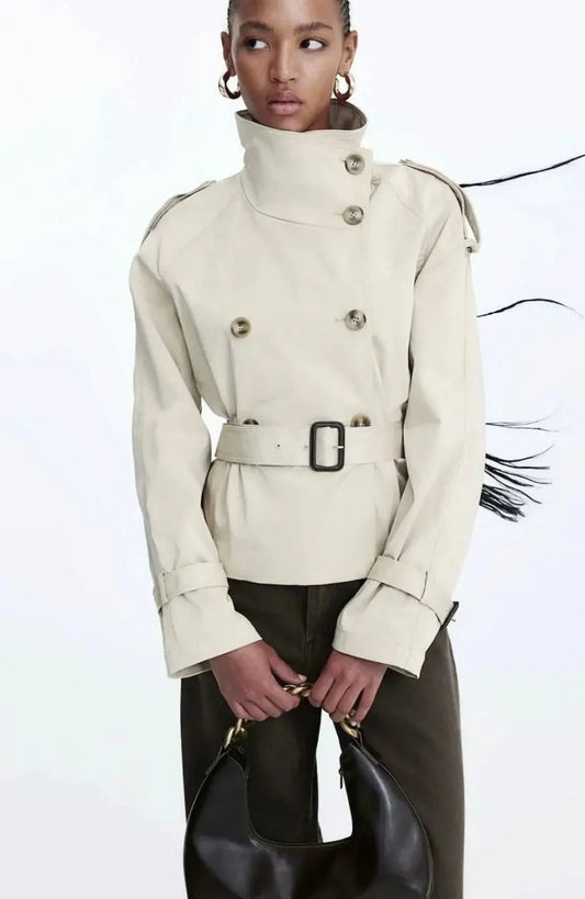 Women's Cropped Stand-Up Collar Belted Trench Jacket