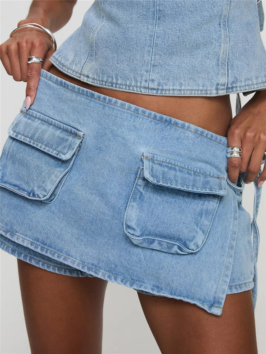 Women's Denim Mini Skirt with Cargo Utility Pockets