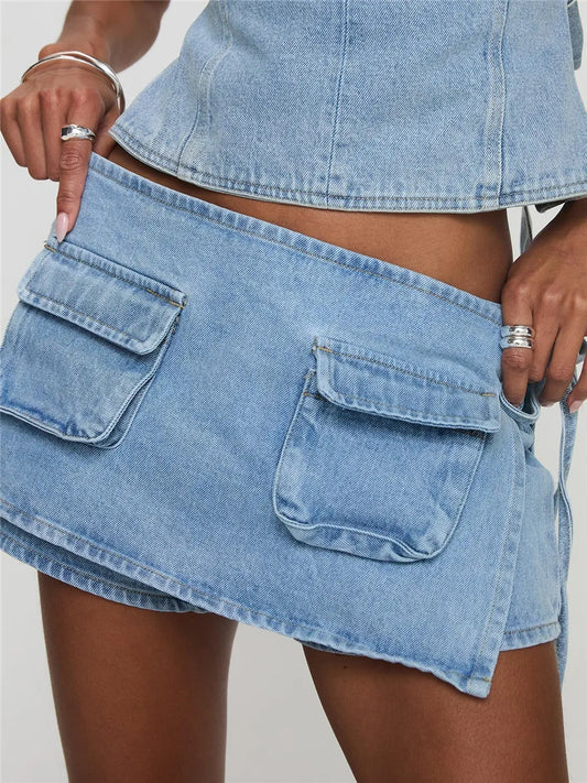 Women's Denim Mini Skirt with Cargo Utility Pockets
