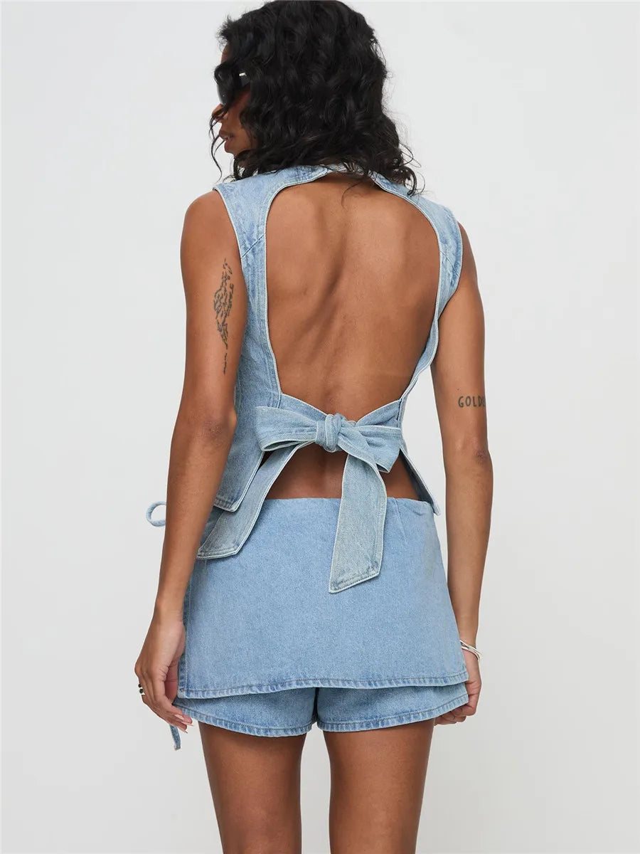 Women's Denim Mini Skirt with Cargo Utility Pockets