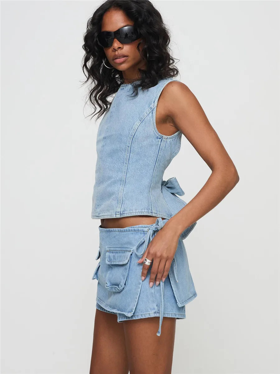 Women's Denim Mini Skirt with Cargo Utility Pockets