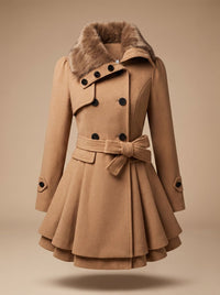 Women's Double-Breasted Faux Fur Collar Belted Wool Overcoat