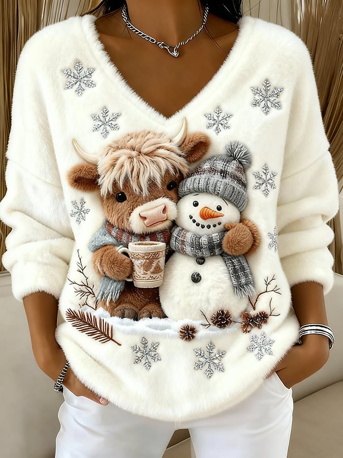 Women's Festive Christmas Sweater with Reindeer and Snowman Motifs - Warm Knit Holiday Sweater