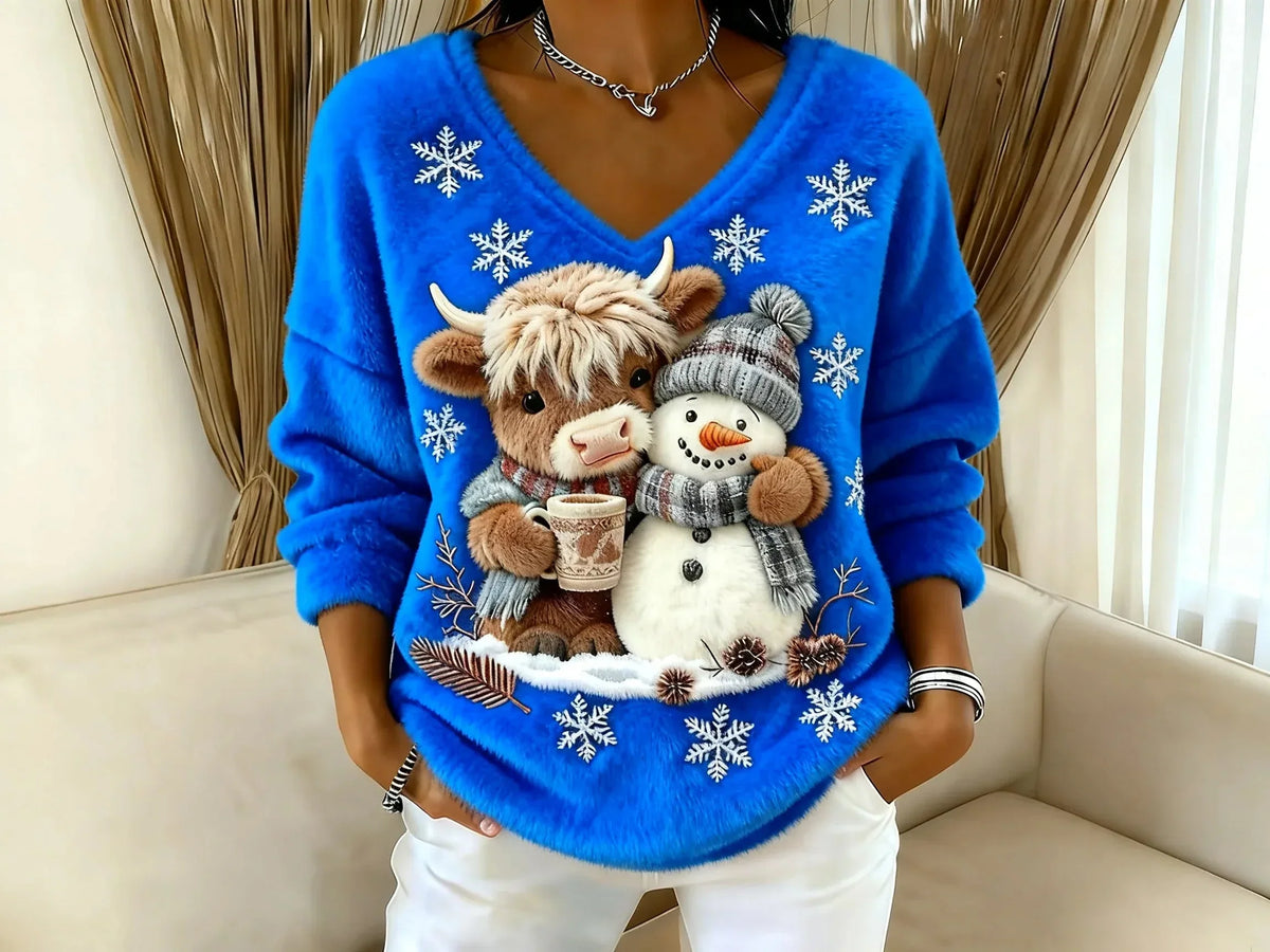Women's Festive Christmas Sweater with Reindeer and Snowman Motifs - Warm Knit Holiday Sweater