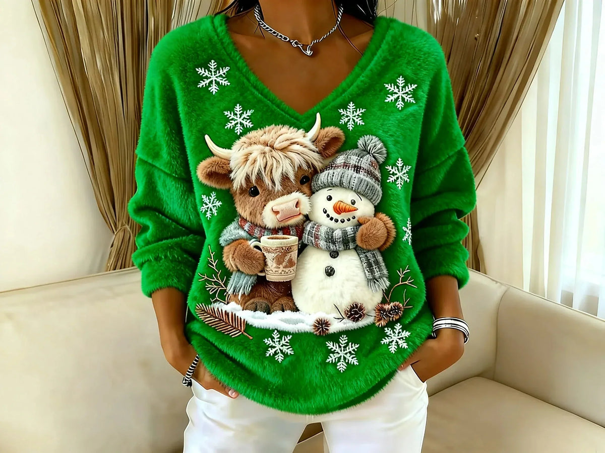 Women's Festive Christmas Sweater with Reindeer and Snowman Motifs - Warm Knit Holiday Sweater