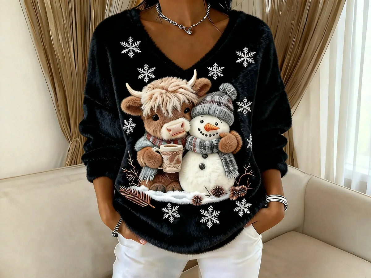 Women's Festive Christmas Sweater with Reindeer and Snowman Motifs - Warm Knit Holiday Sweater