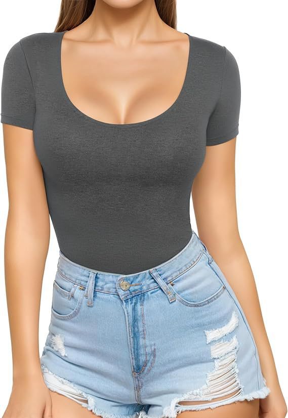 Women's Fitted Short-Sleeve Bodysuit with Scoop Neck and Seamless Design