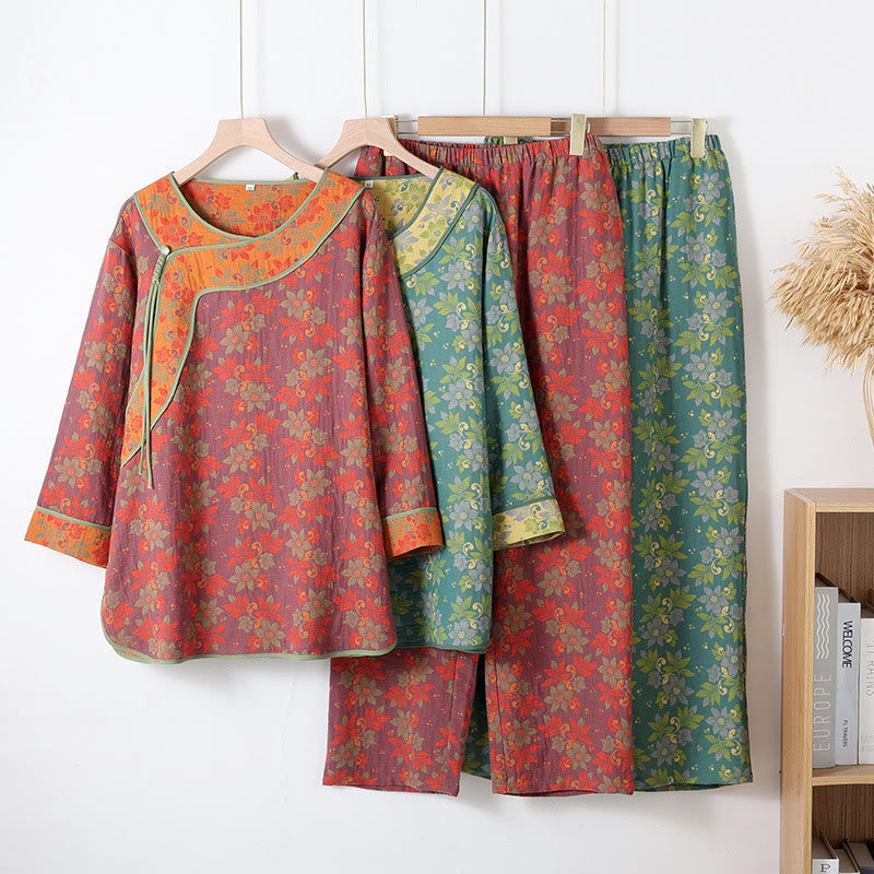 Women's Floral Cotton Gauze Pajamas with Traditional Buttons – Lightweight, Breathable and Soft 2-Piece Set with Chinese-Style Closure