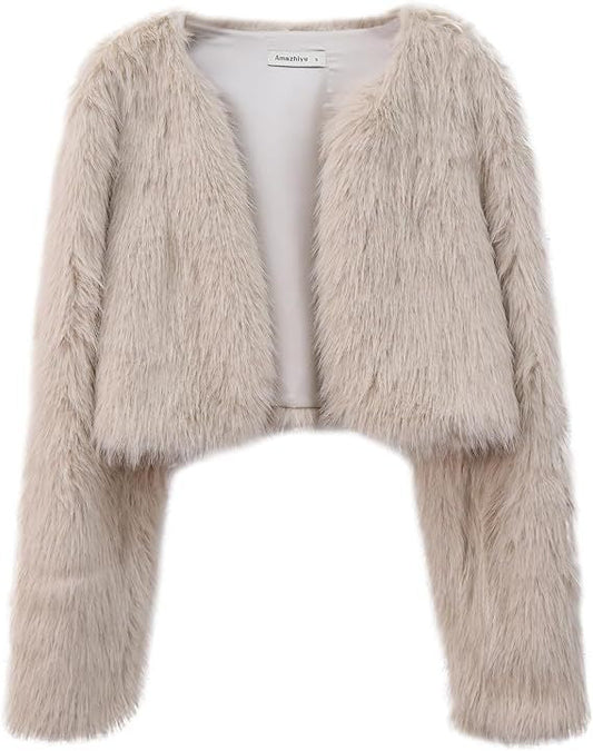Women's Glamorous Cropped Faux Fur Jacket with Loose Sleeves