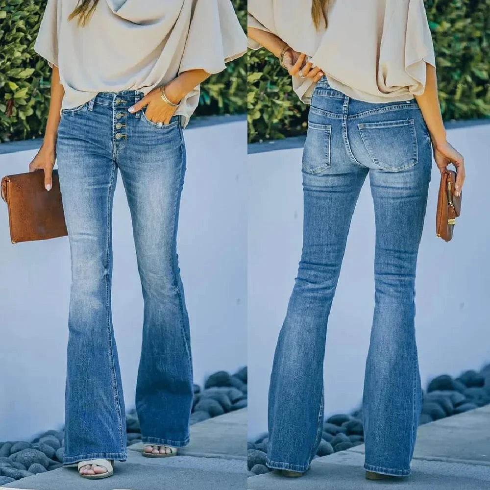 Women's High-Waisted Button-Fly Stretch Flare Jeans