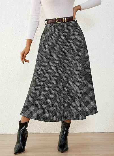 Women's High-Waisted Checked A-Line Midi Skirt with Side Pockets