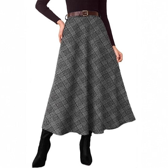 Women's High-Waisted Checked A-Line Midi Skirt with Side Pockets