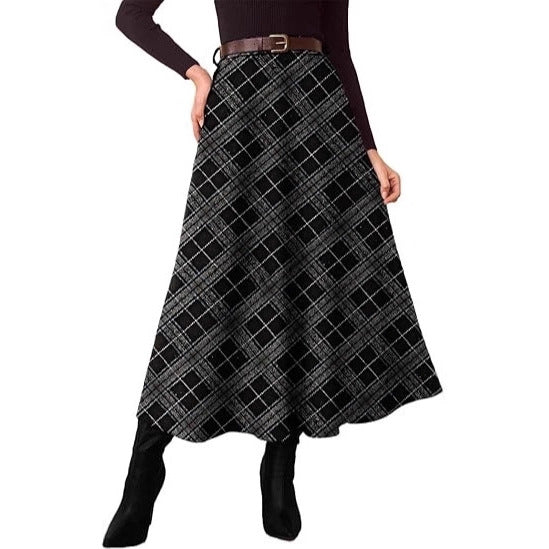 Women's High-Waisted Checked A-Line Midi Skirt with Side Pockets