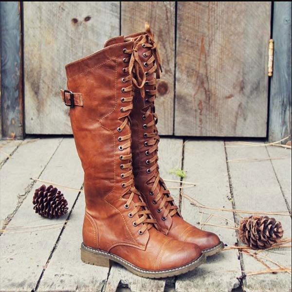 Women's Knee-High Lace-Up Leather Boots with Orthopaedic Comfort