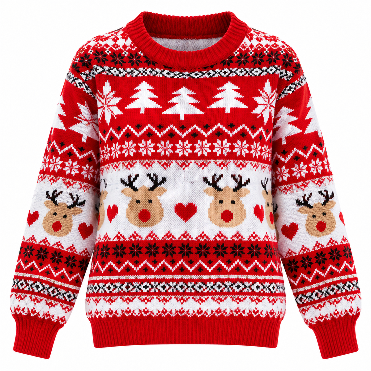 Women's Knitted Christmas Sweater with Reindeer Motif, Relaxed Fit, Crew Neck, Long Sleeves & Ribbed Cuffs