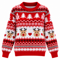 Women's Knitted Christmas Sweater with Reindeer Motif, Relaxed Fit, Crew Neck, Long Sleeves & Ribbed Cuffs