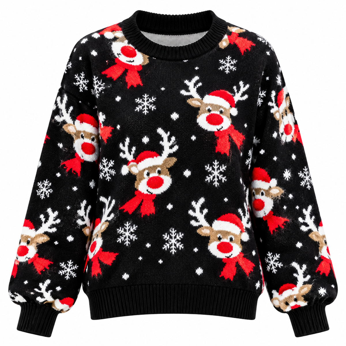 Women's Knitted Christmas Sweater with Reindeer Motif, Relaxed Fit, Crew Neck, Long Sleeves & Ribbed Cuffs