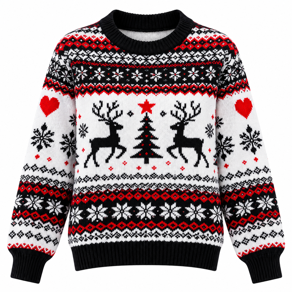 Women's Knitted Christmas Sweater with Reindeer Motif, Relaxed Fit, Crew Neck, Long Sleeves & Ribbed Cuffs