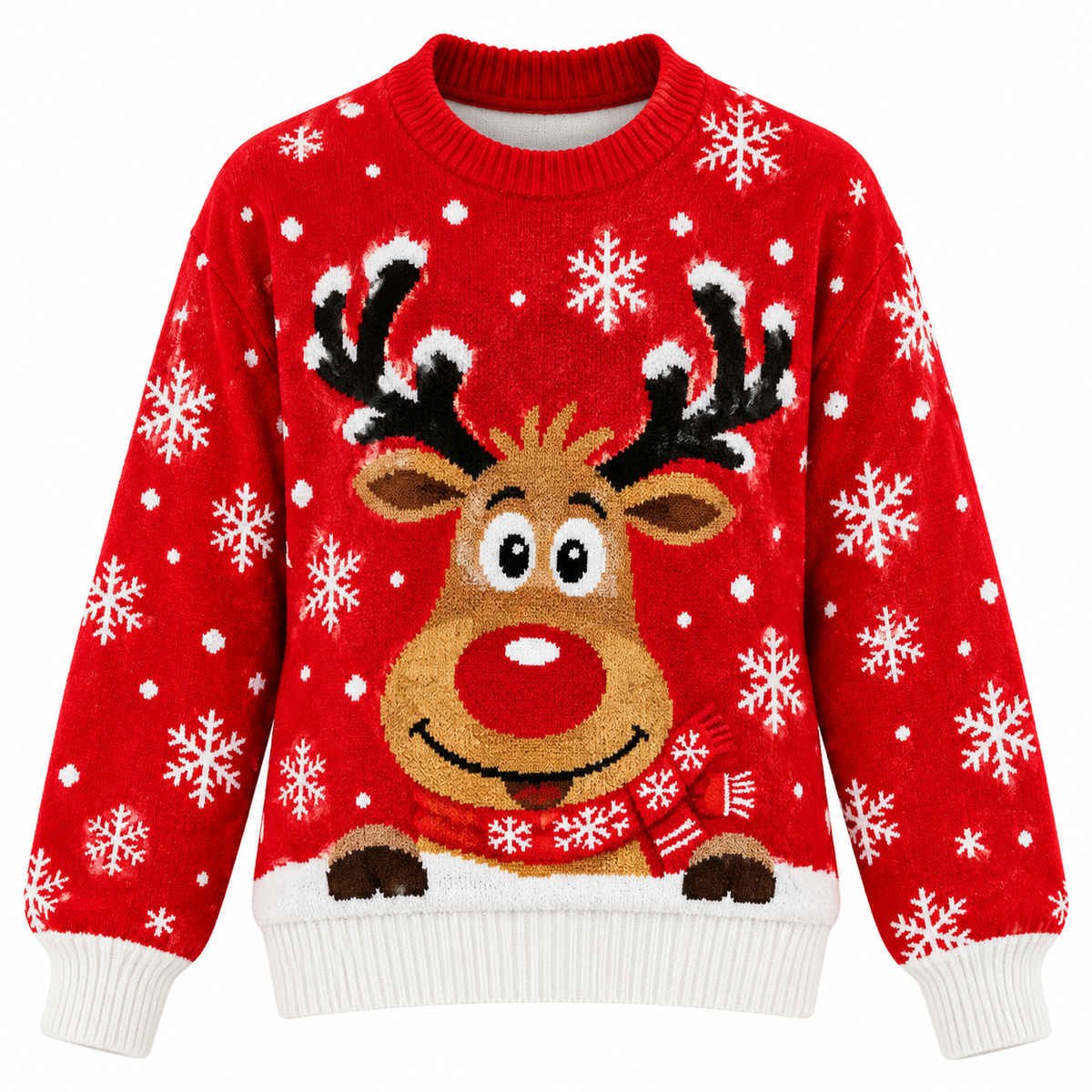 Women's Knitted Christmas Sweater with Reindeer Motif, Relaxed Fit, Crew Neck, Long Sleeves & Ribbed Cuffs