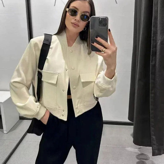 Women's Lightweight Faux Leather Snap-Front Bomber Jacket with Pockets
