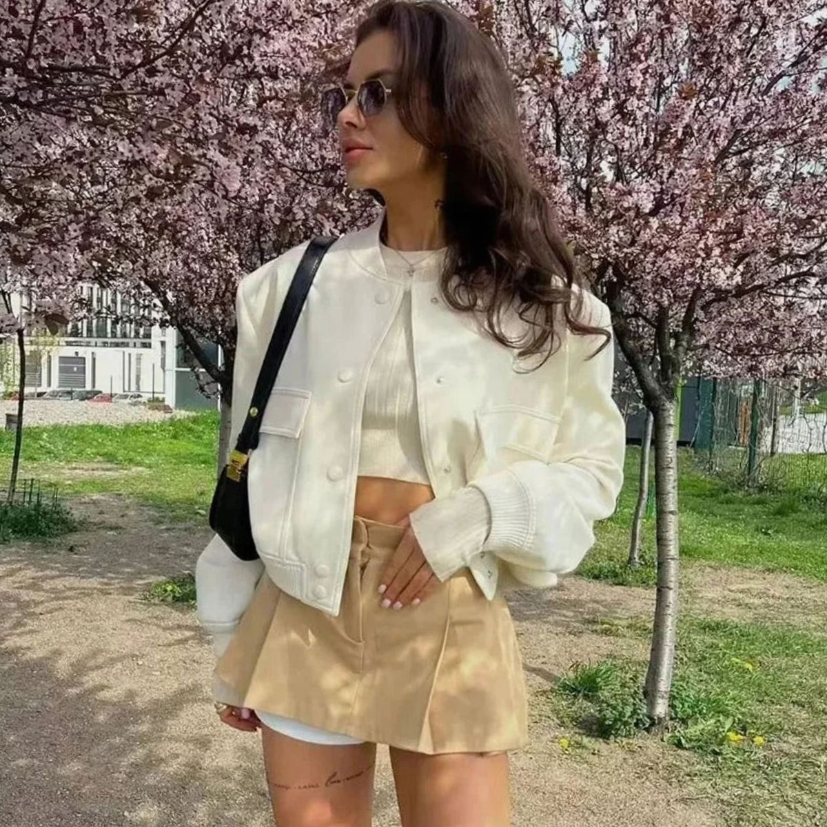 Women's Lightweight Faux Leather Snap-Front Bomber Jacket with Pockets