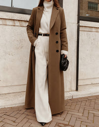 Women's Long Double-Breasted Wool Coat with Deep Pockets