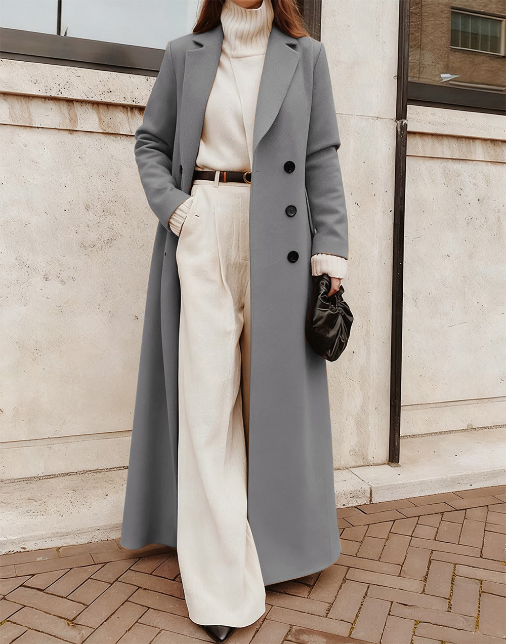 Women's Long Double-Breasted Wool Coat with Deep Pockets