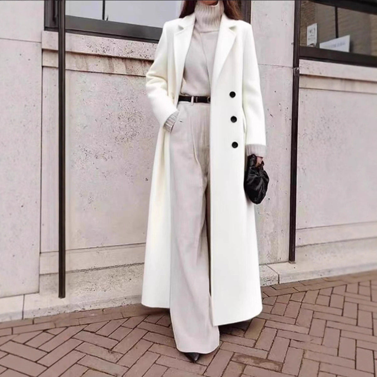 Women's Long Double-Breasted Wool Coat with Deep Pockets