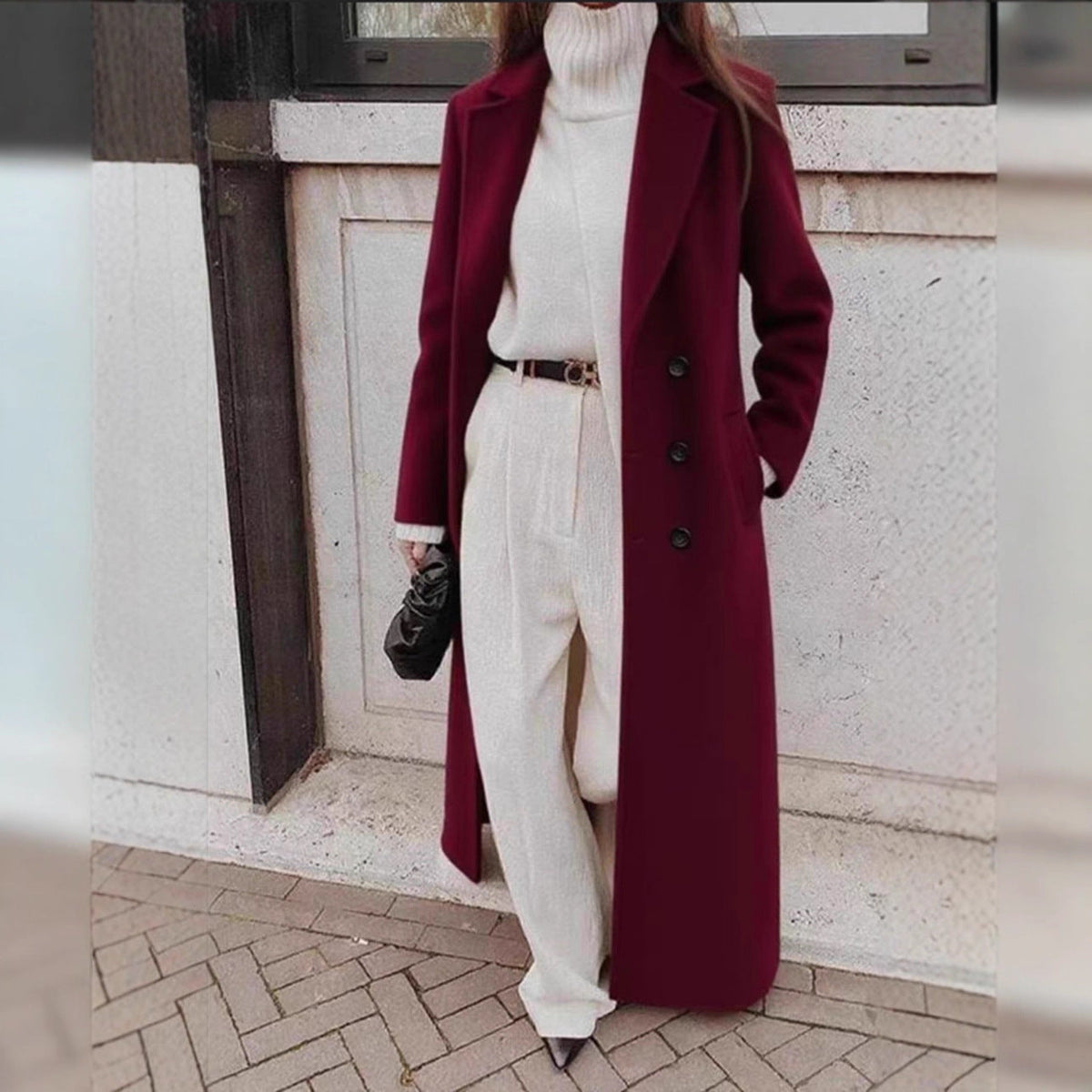 Women's Long Double-Breasted Wool Coat with Deep Pockets