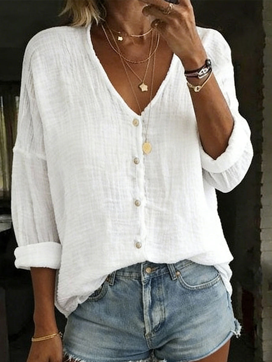 Women's Loose Solid-Color Cotton Linen Long-Sleeve Shirt