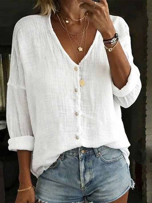 Women's Loose Solid-Color Cotton Linen Long-Sleeve Shirt