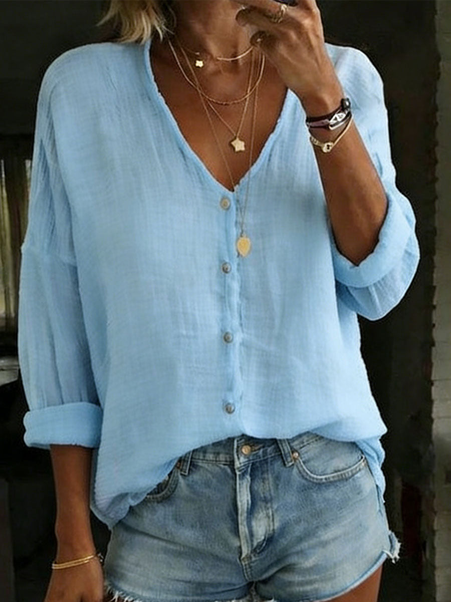 Women's Loose Solid-Color Cotton Linen Long-Sleeve Shirt