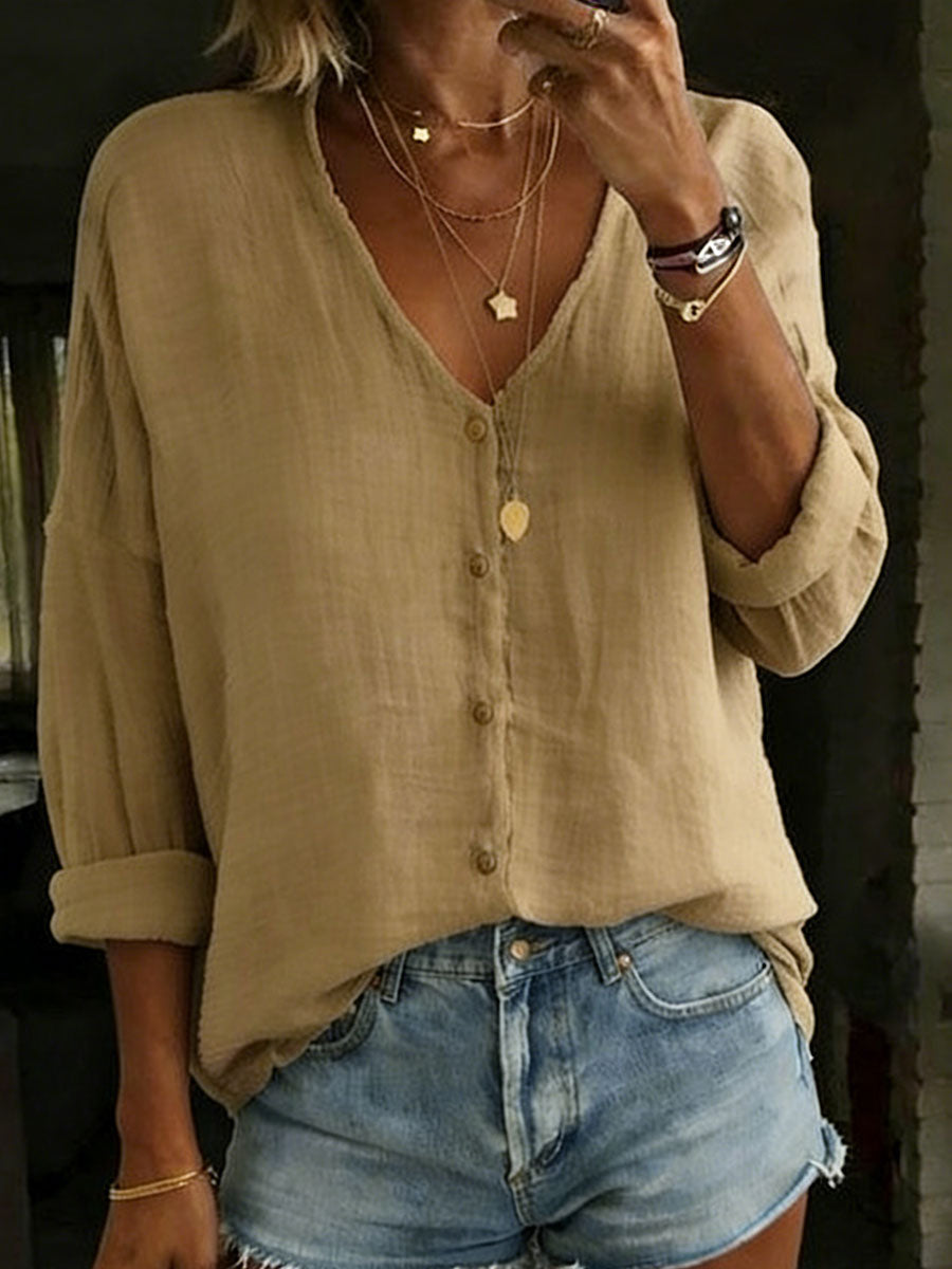 Women's Loose Solid-Color Cotton Linen Long-Sleeve Shirt